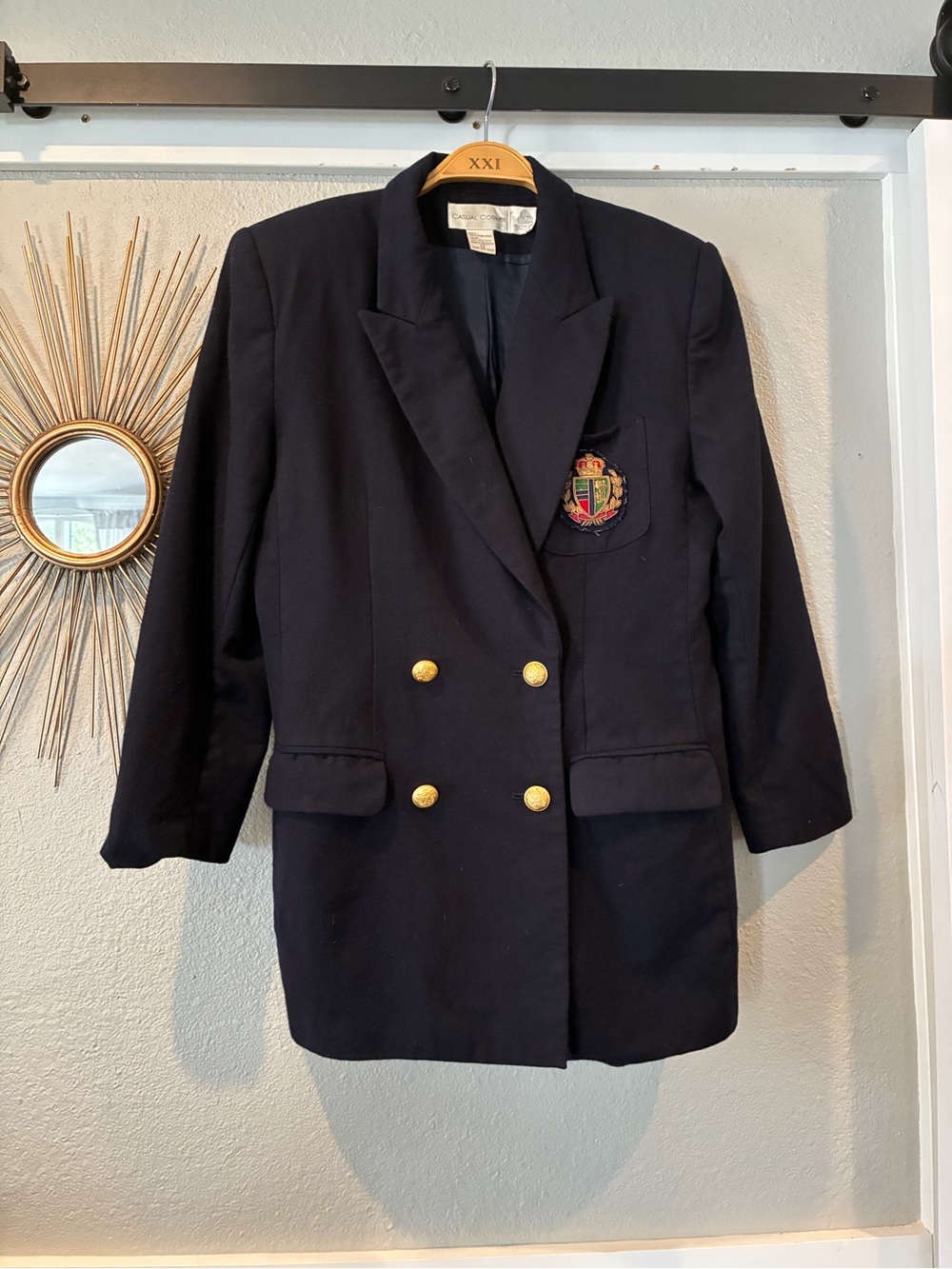Casual Corner Navy Double-Breasted Blazer with Crest